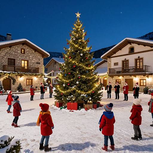 Photograph of a snowy village square at twilight, decorated Christmas tree with lights, children in red coats, stone houses, people gathered, star on top
