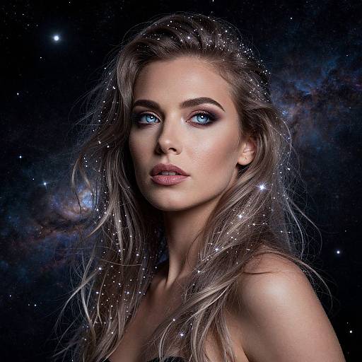 Photograph-style digital art of a beautiful, blue-eyed woman with long, wavy, star-studded hair against a dark, starry space background
