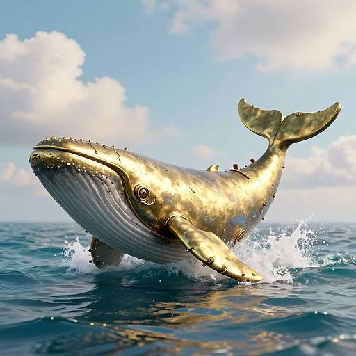 Photorealistic CGI of a shiny, golden-colored whale splashing in the ocean under a bright blue sky with scattered clouds.