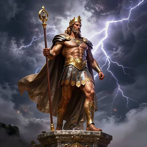 Digital artwork of a muscular, crowned, ancient Greek-style statue of a god with lightning bolts in the stormy sky, holding a staff, wearing gold