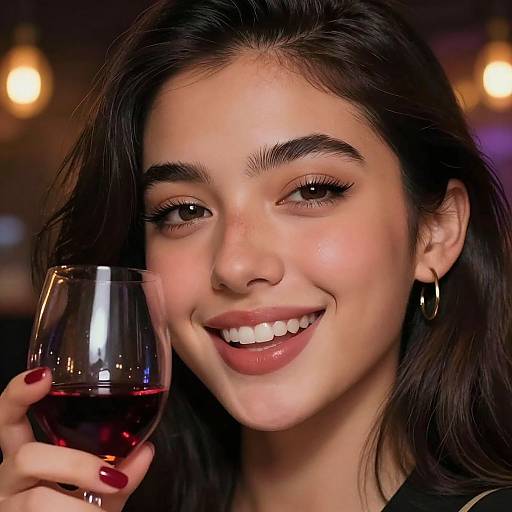 Photograph of a smiling young woman with dark hair, holding a glass of red wine, wearing hoop earrings, and dark red nail polish. Background is