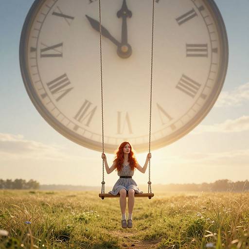 Photograph of a red-haired girl in a blue dress sitting on a swing, with a giant clock face in the background, sunlight glowing through, in