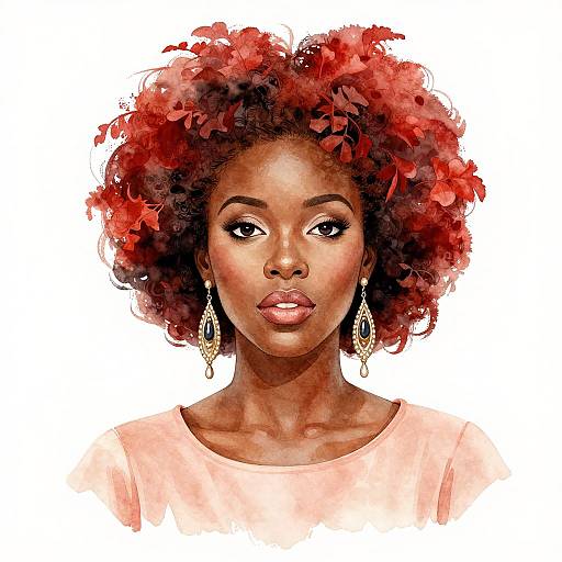 Digital watercolor portrait of a beautiful Black woman with red afro, wearing pink top and dangling earrings, looking directly at viewer.