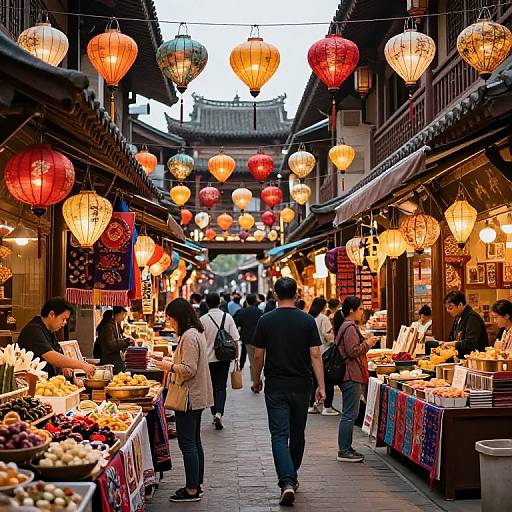 Photograph of a vibrant, narrow Asian market street at dusk, with hanging red and orange lanterns, bustling shoppers, and colorful food stalls displaying fresh