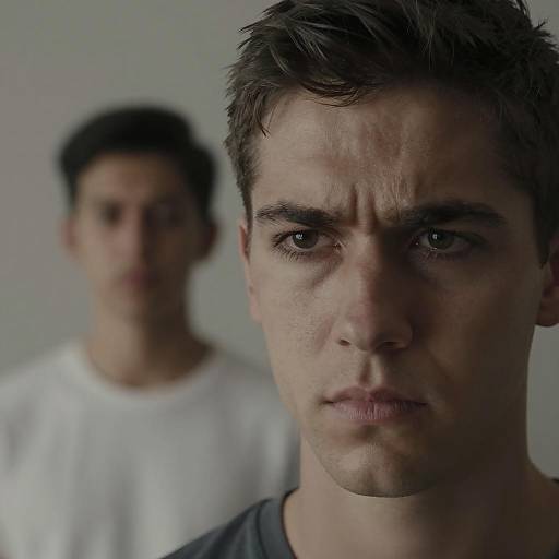 Serious Young Man with Boy in Background