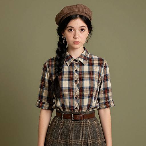 Photograph of a young Asian woman with long black braided hair, wearing a brown flat cap, plaid shirt, and checkered skirt, against