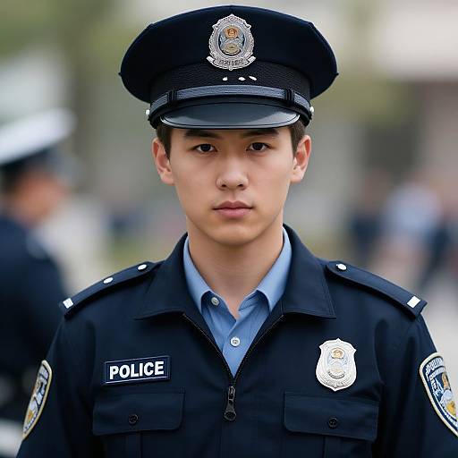 Photograph of an Asian male police officer with short black hair, wearing a black uniform, blue shirt, and police hat, standing outdoors with blurred background