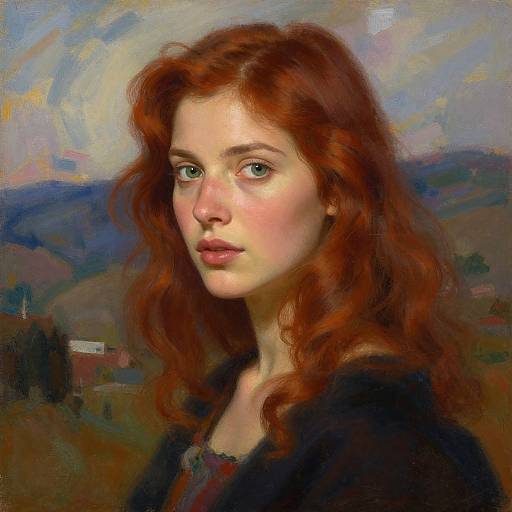 Digital painting of a fair-skinned, red-haired woman with wavy hair, green eyes, and a serious expression, wearing a dark top, set