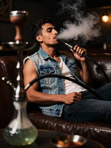 Man Smoking Shisha on Leather Sofa