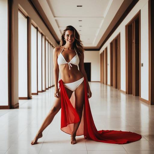 Confident woman in white bikini with red sarong