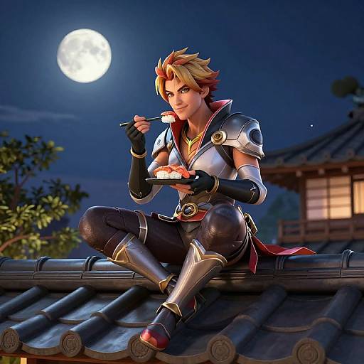 Digital artwork of a blonde, armored warrior with red scarf, eating sushi on a rooftop under a full moon, with traditional Japanese building in the background.