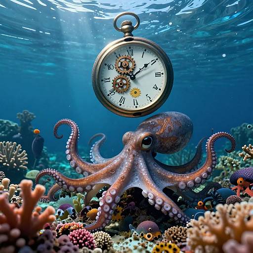 Photograph of an underwater scene with a floating vintage pocket watch above a pink-and-brown octopus amidst colorful coral reefs.