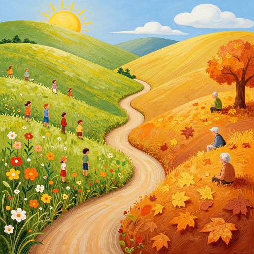 Colorful digital illustration of a winding path through green and golden hills, with people harvesting flowers and autumn leaves under a bright sun.