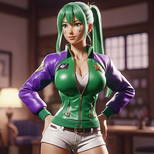 Digital 3D anime-style image of a green-haired woman with large breasts in a green and purple jacket, white shorts, and star patches, standing