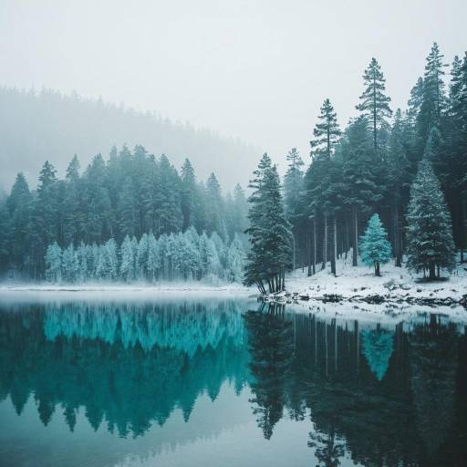 Misty Frosted Pine Forest by Lake