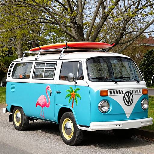 Colorful Volkswagen Bus with Surfboard