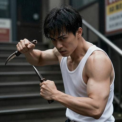 Intense Muscular Man in Urban Rain