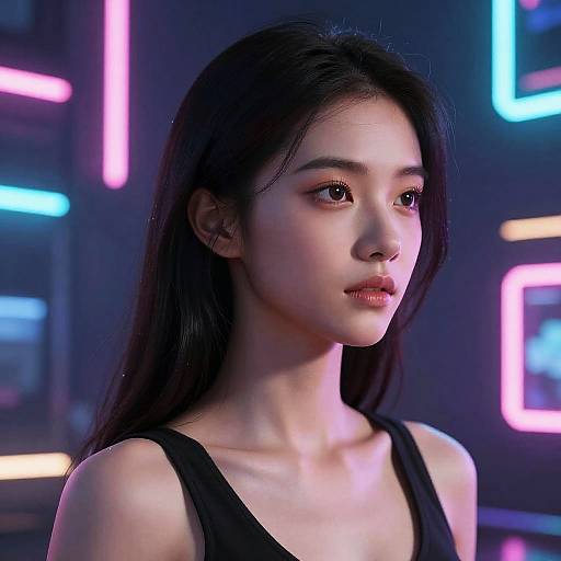Photorealistic digital portrait of a beautiful young Asian woman with long black hair, wearing a black tank top, illuminated by neon pink and blue lights in