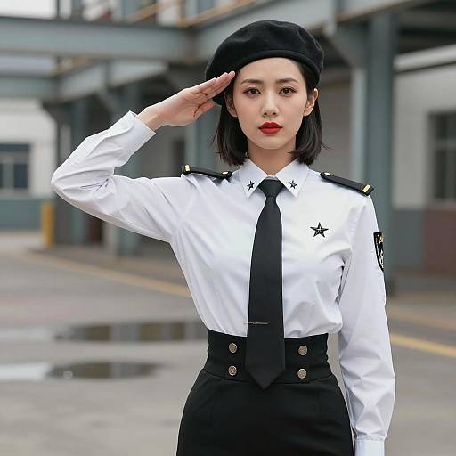 Asian Woman in Uniform Saluting Outdoors