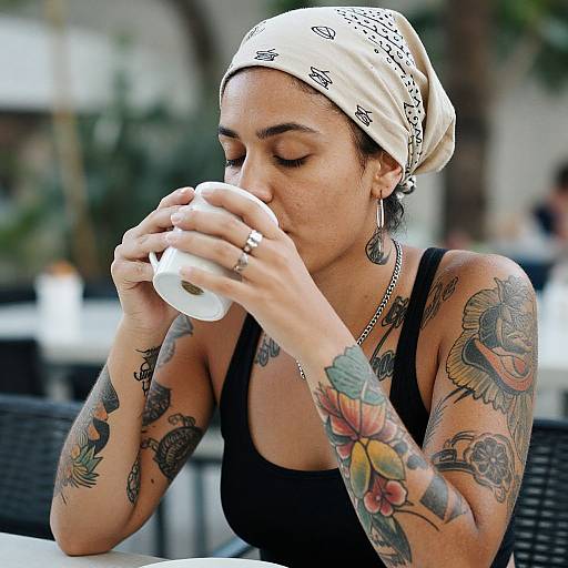 Tattooed Woman Sipping Coffee Outdoors