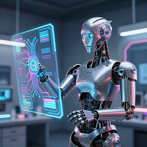 Photorealistic CGI of a silver, glowing robotic woman with blue eyes, holding a neon-blue holographic interface in a futuristic lab.