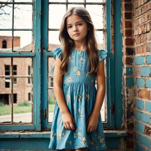 Young Girl in Blue Floral Dress by Rustic Window