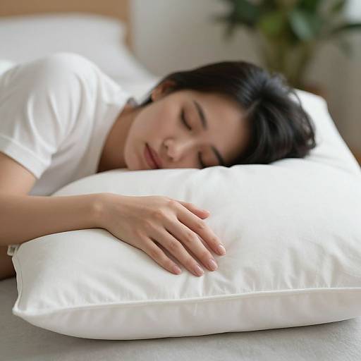 Photograph of an Asian man with short black hair, wearing a white shirt, asleep on a white pillow, in a bright, minimalist bedroom.