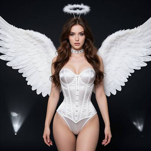 Digital artwork of a fair-skinned woman with long brown hair, white angel wings, halo, and white corset bodysuit, standing against a