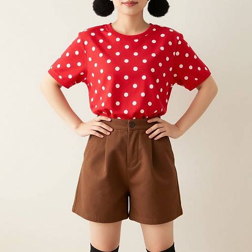 Photograph of a person wearing a red polka dot shirt, brown high-waisted shorts, black knee socks, and black puffy hair.