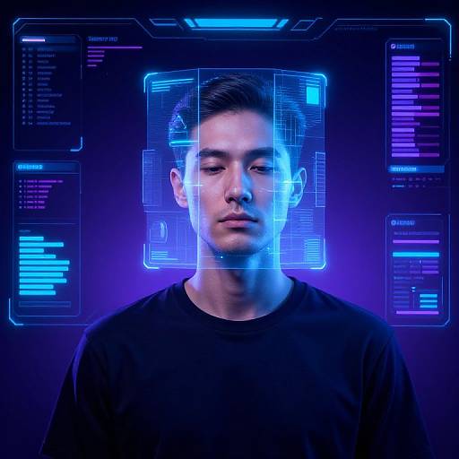 Digital portrait of a young Asian man with short black hair, wearing a black shirt, superimposed with a glowing blue holographic interface against a dark
