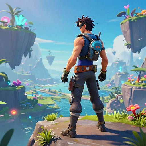 CGI image of a muscular man with black spiky hair, wearing a blue tank top, gray pants, and a blue backpack, standing on a