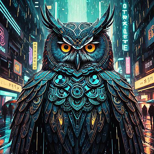 Cybernetic Owl Sage in Neon Metropolis