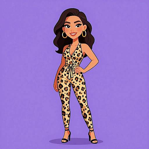 Cartoon-style illustration of a confident woman with long black hair, wearing a leopard-print jumpsuit, large hoop earrings, and black high heels, standing