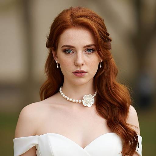 Photograph of a fair-skinned woman with long red hair, wearing an off-shoulder white dress, pearl necklace with rose brooch, and