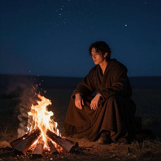 Photograph of a person with dark hair, wearing a brown robe, sitting by a glowing campfire under a starry night sky.