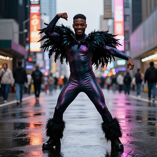 Photograph of a muscular Black man in a shiny purple latex bodysuit with black feathered shoulders and cuffs, striking a confident pose on a wet