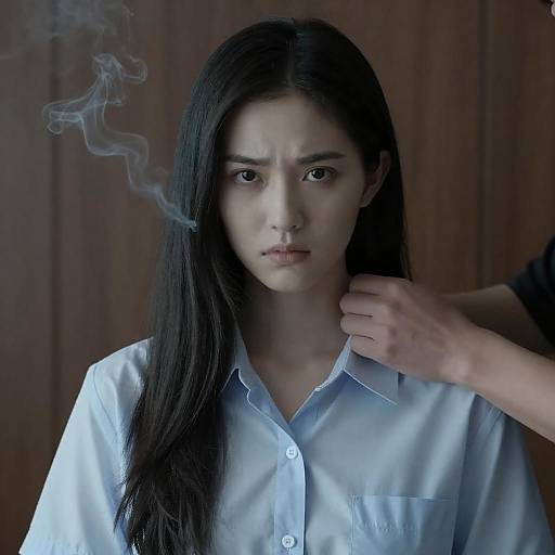 Young Woman with Stern Expression and Hand on Neck