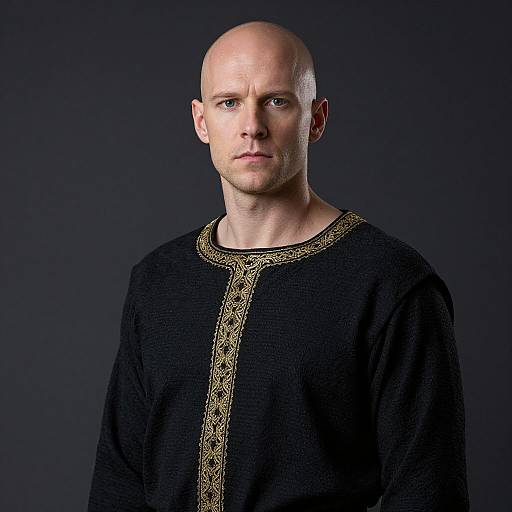 Photograph of a bald, fair-skinned man with blue eyes, wearing a black, intricately embroidered medieval-style tunic, against a dark blue