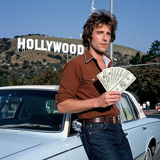 Photograph of a man with spiked brown hair, wearing a brown shirt and dark jeans, holding a fan of money in front of a white car and