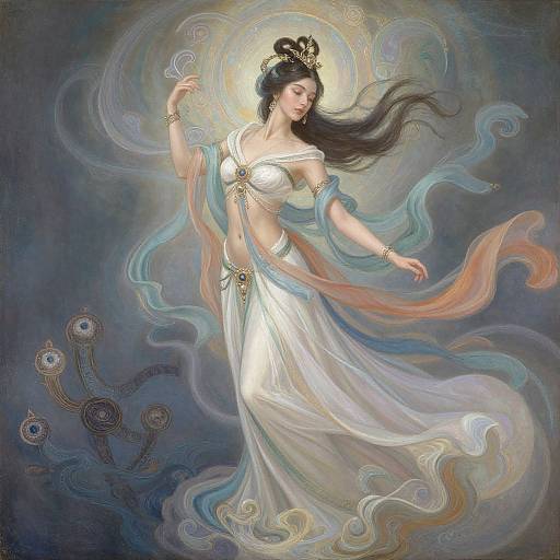 Digital painting of a serene, ethereal woman with long black hair, wearing a flowing white dress adorned with gold jewelry, surrounded by swirling blue, orange