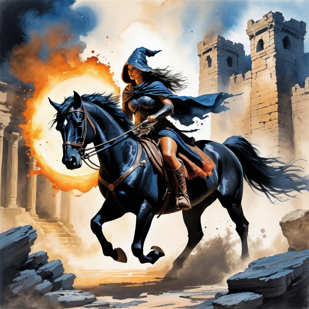 Epic Female Wizard on Black Stallion