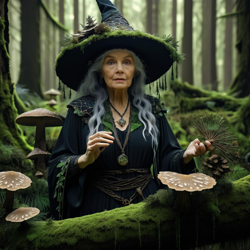 Hyperrealistic Elderly Witch in Forest