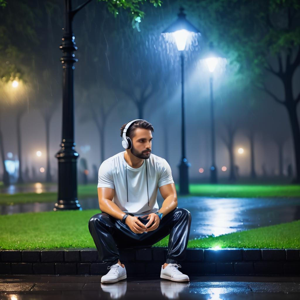 Rainy Night Park Scene with Headphones