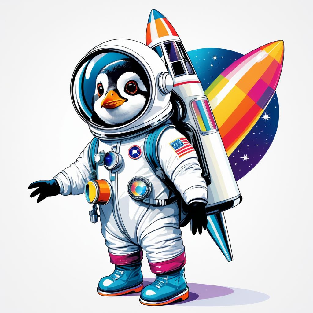 Penguin Astronaut Climbing Retro Rocket