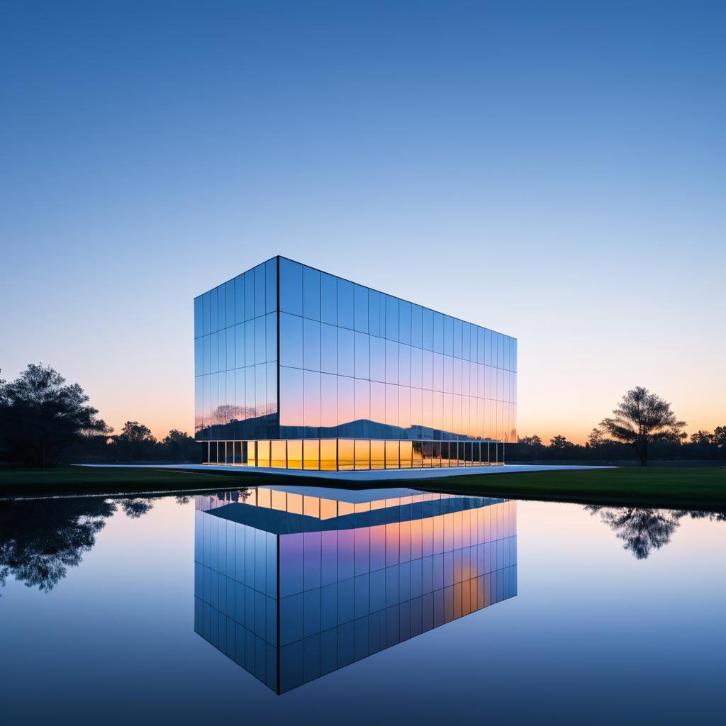 Dusk Reflection of a Quartz-Shaped Building