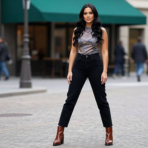 Confident Woman on Urban Cobblestone Street