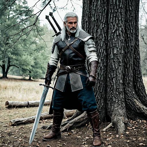 Geralt Cosplayer in Armor with Sword Outdoors