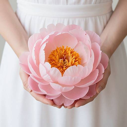 Photograph of hands holding a large, pink peony flower with bright orange center, against a softly blurred white dress background.