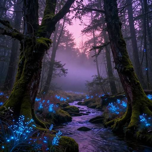 Mystical forest photograph: Dark, moss-covered trees frame a glowing, ethereal blue-light forest floor, with a misty, pink-ting