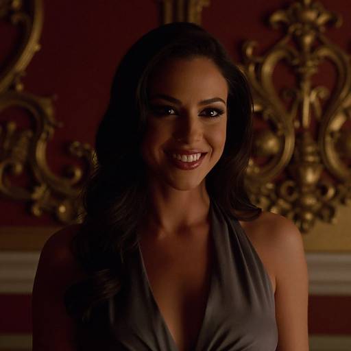 Photograph of a smiling woman with dark wavy hair, wearing a deep V-neck gray dress, against a dimly lit, ornate gold and